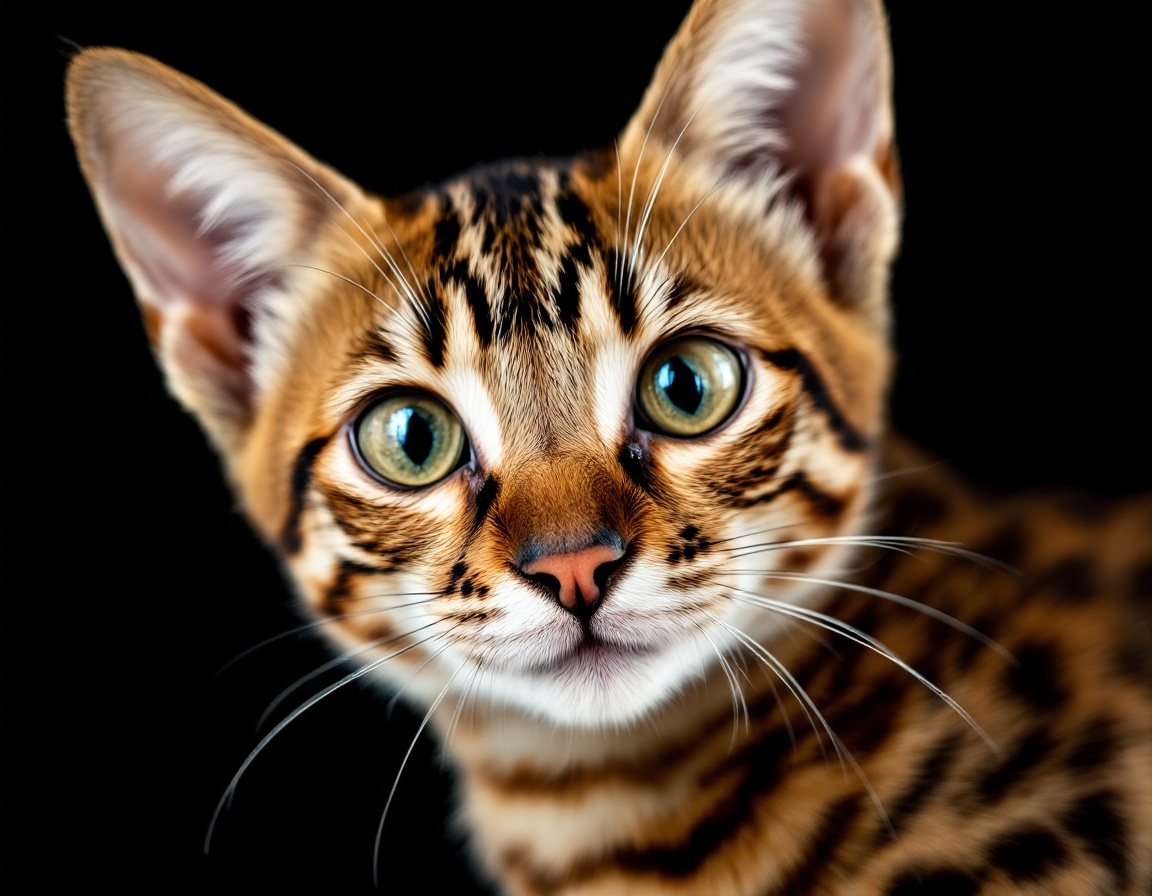 Close-up portrait of cat on a black background, with its alert expression and intricate details of its fur and whiskers in sharp focus.