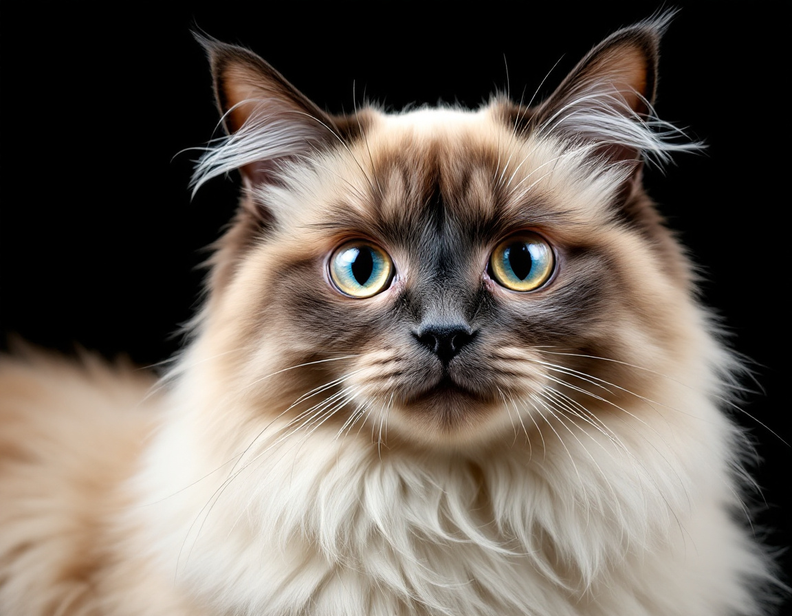 Close-up portrait of cat on a black background, with its alert expression and intricate details of its fur and whiskers in sharp focus.