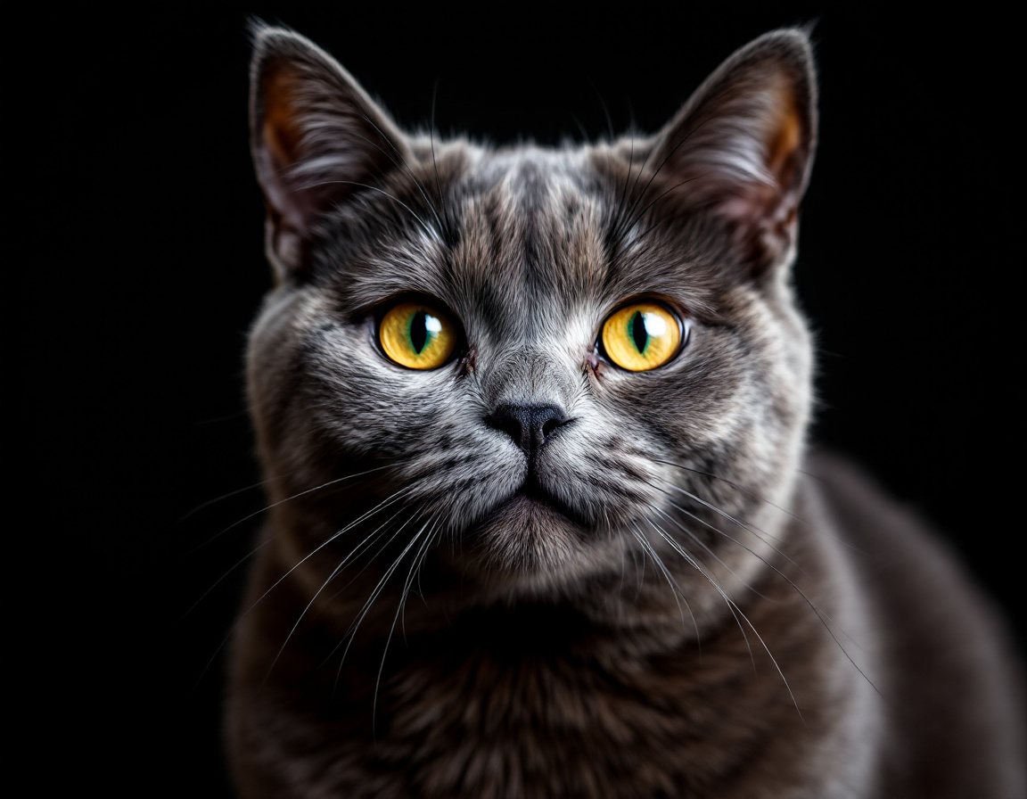 Close-up portrait of cat on a black background, with its alert expression and intricate details of its fur and whiskers in sharp focus.