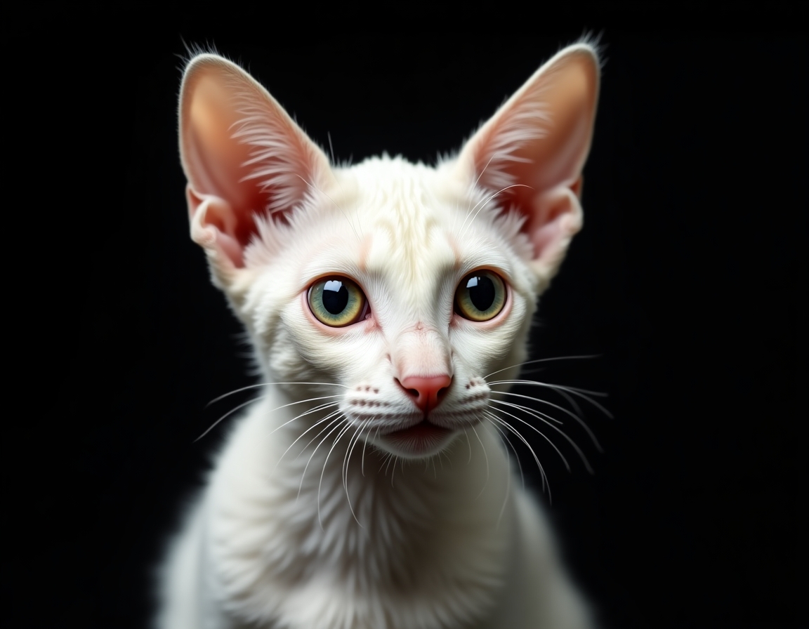 Close-up portrait of cat on a black background, with its alert expression and intricate details of its fur and whiskers in sharp focus.
