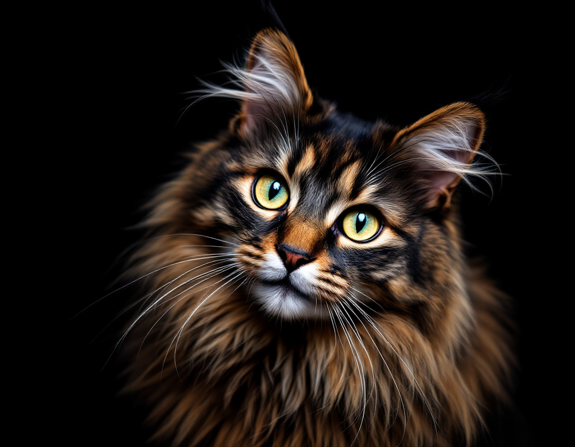 Close-up portrait of cat on a black background, with its alert expression and intricate details of its fur and whiskers in sharp focus.