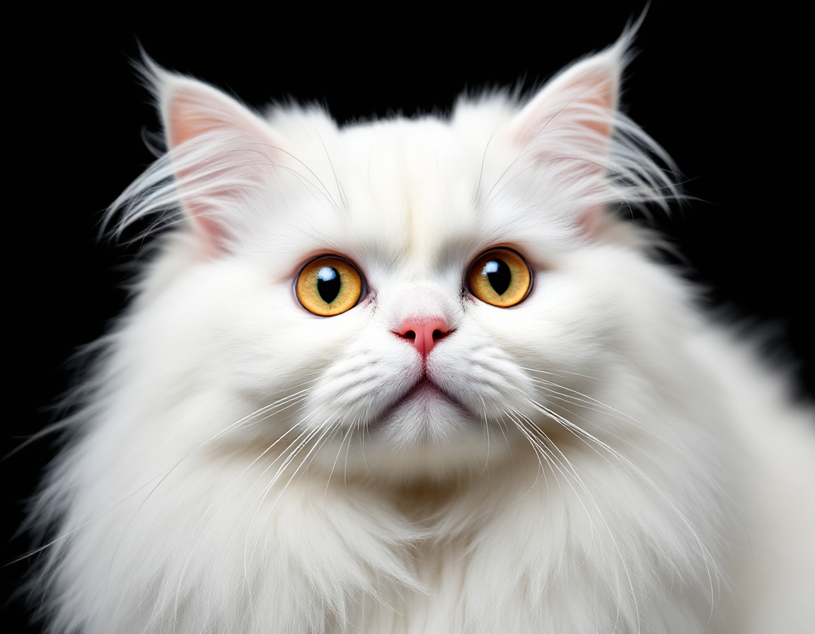 Close-up portrait of cat on a black background, with its alert expression and intricate details of its fur and whiskers in sharp focus.