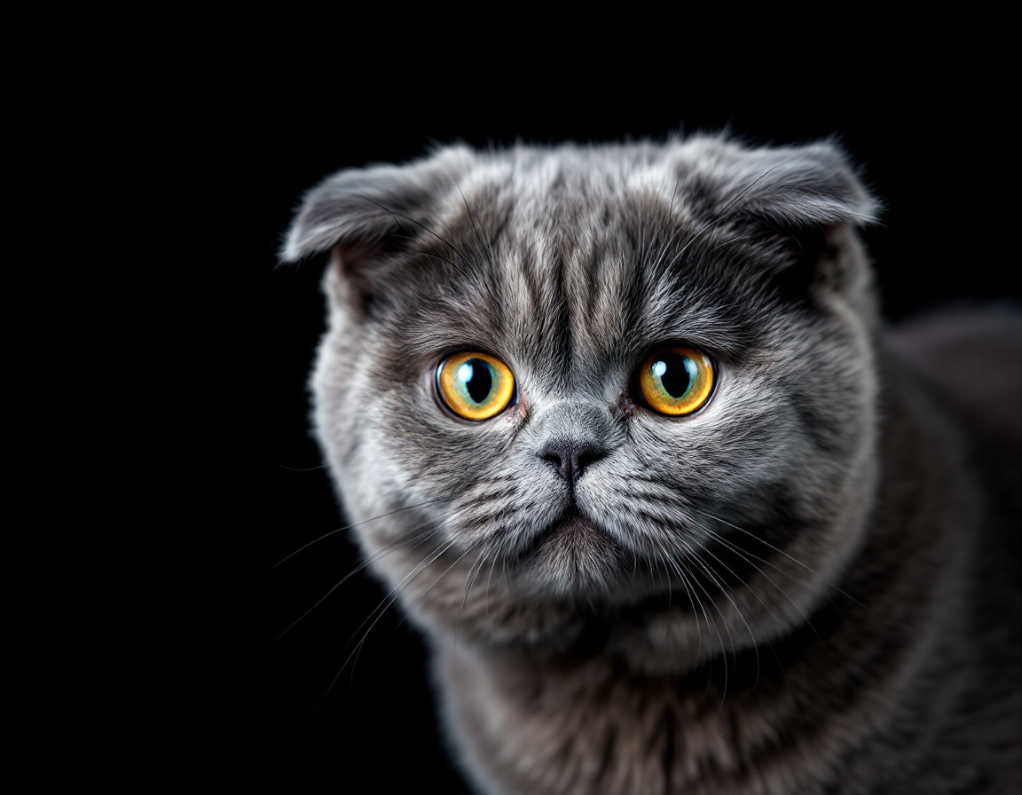 Close-up portrait of cat on a black background, with its alert expression and intricate details of its fur and whiskers in sharp focus.