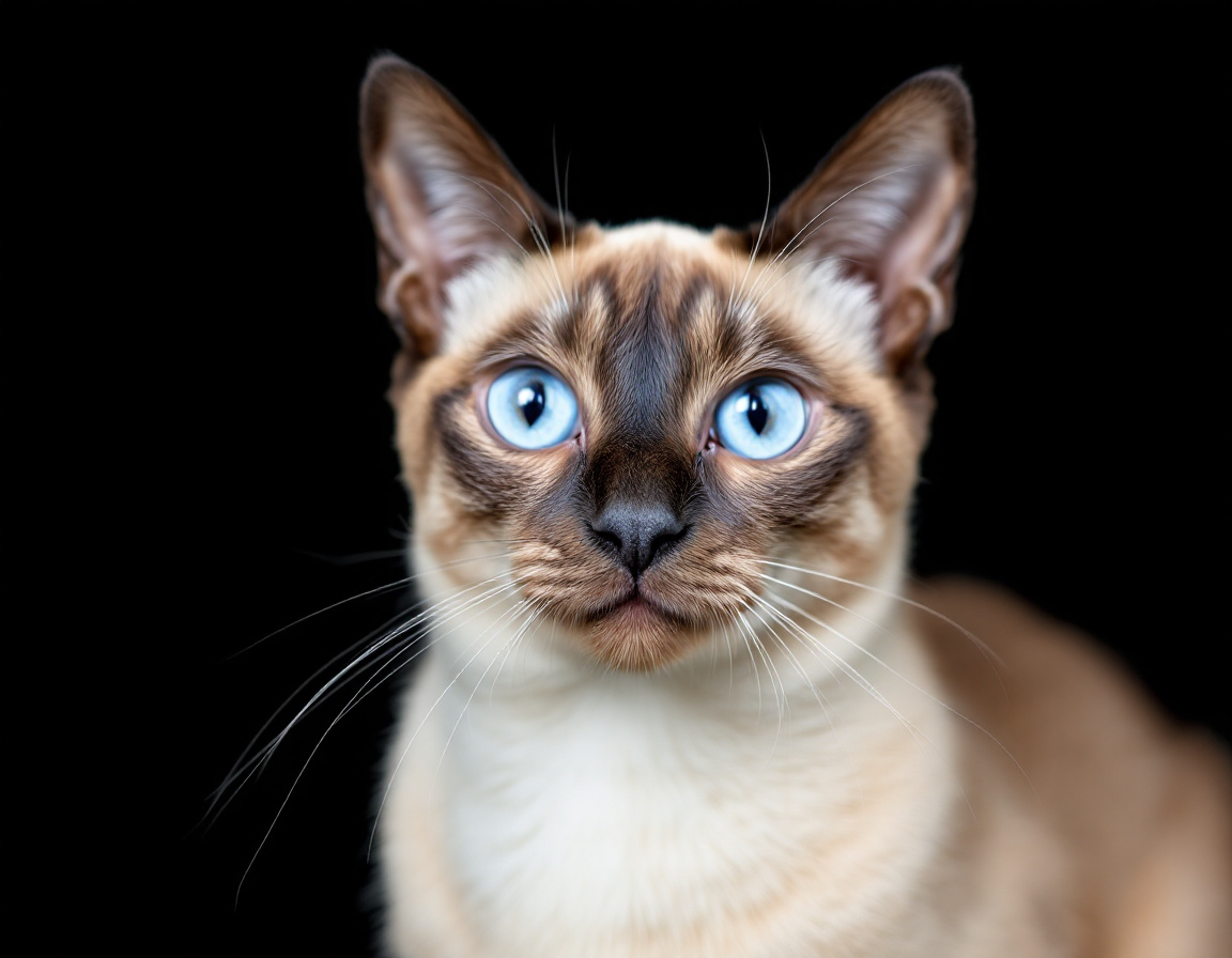 Close-up portrait of cat on a black background, with its alert expression and intricate details of its fur and whiskers in sharp focus.