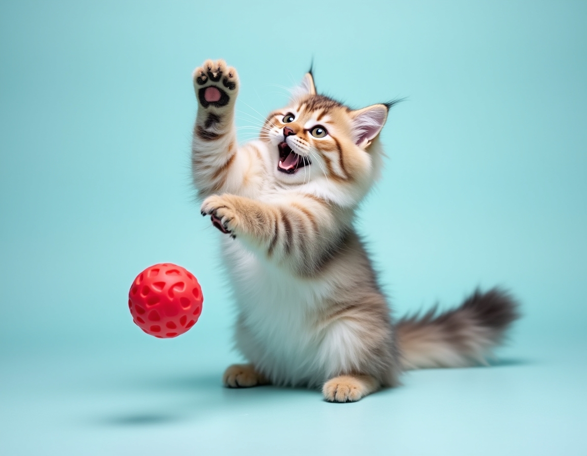 Playful studio photo of cat interacting with a bright red ball. The cat is mid-action with its paw raised, and the pastel blue background and balanced lighting create a cheerful, vibrant atmosphere that highlights the cat’s agility and energy.