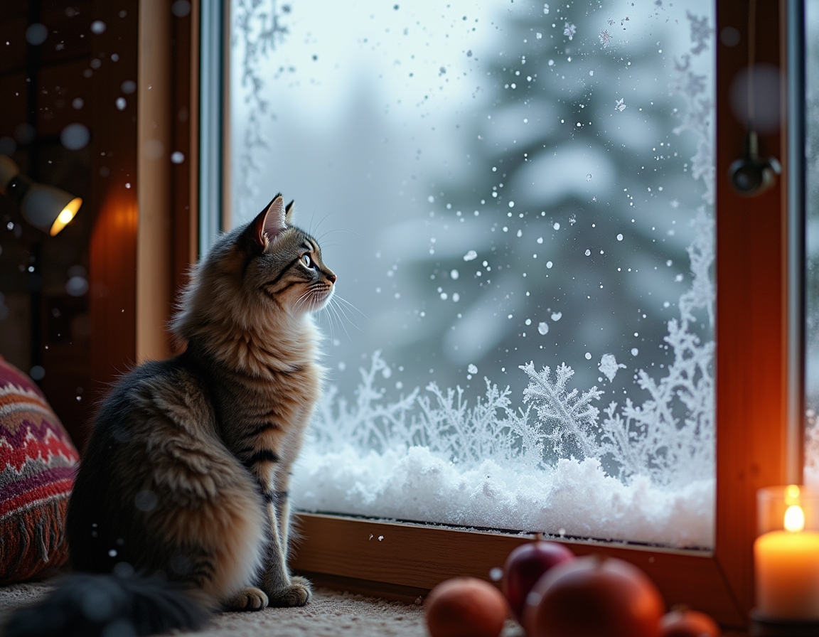 Cat looks out a frosted window at the snowy world outside, while the cozy warmth of the cabin and the glow of the fireplace create a peaceful, inviting atmosphere.