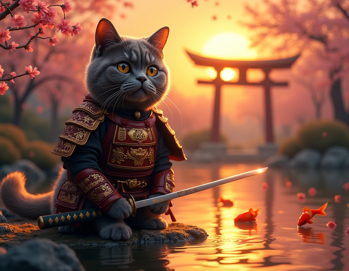Cat dressed in ornate samurai armor sits in a serene Japanese garden at sunset. Cherry blossoms fall gently, and a koi pond reflects the golden light of the sky.