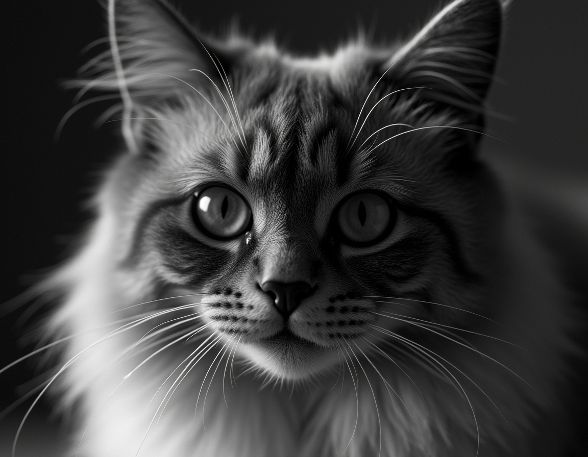 Close-up black and white studio portrait of a cat’s face, lit with soft diffused light. Every whisker, eyelash, and fur strand is rendered in hyper-detailed monochrome.