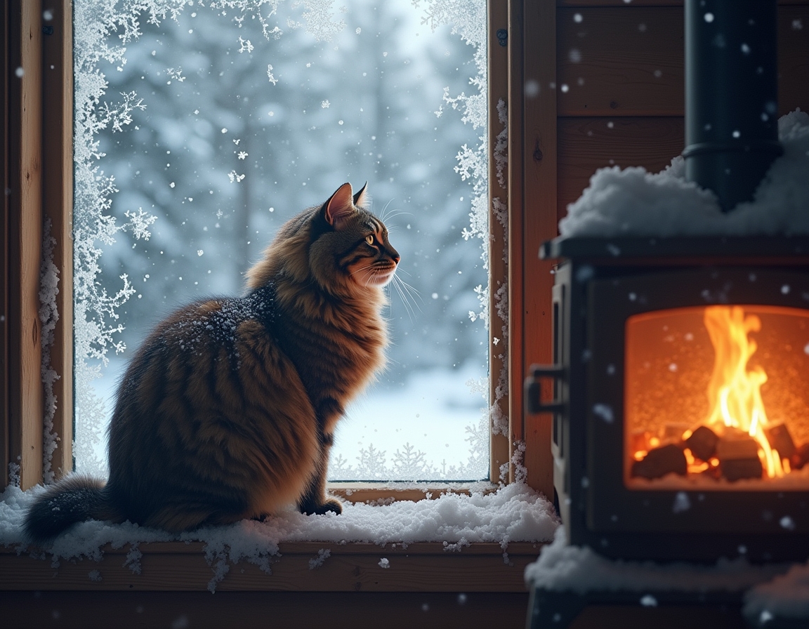 Cat looks out a frosted window at the snowy world outside, while the cozy warmth of the cabin and the glow of the fireplace create a peaceful, inviting atmosphere.