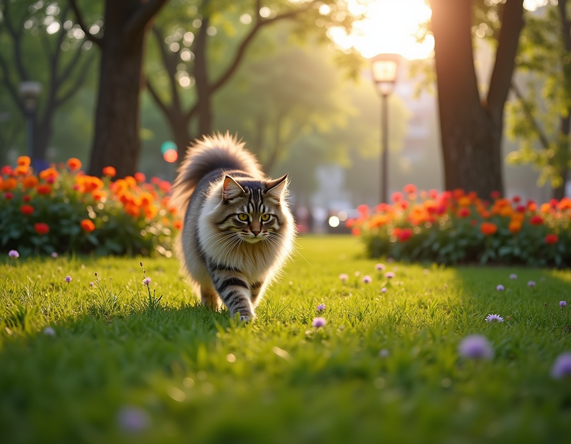 Cat enjoys a lively city park, playing and exploring the greenery amidst the urban backdrop.