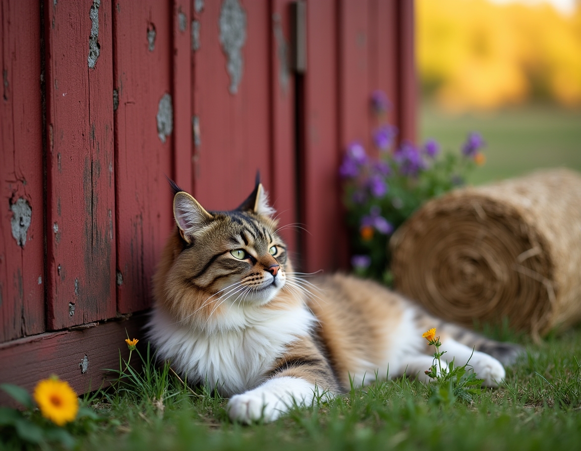 Cat rests peacefully near a barn, enjoying the tranquility of the countryside.