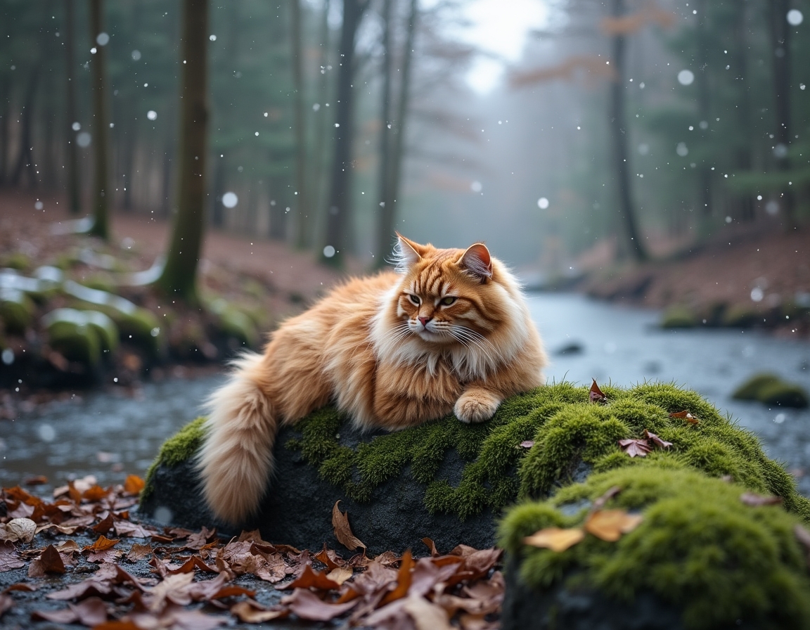 Cat relaxes on a mossy rock in a snowy woodland clearing, surrounded by snow-dusted trees and a peaceful stream, creating a tranquil moment in nature.