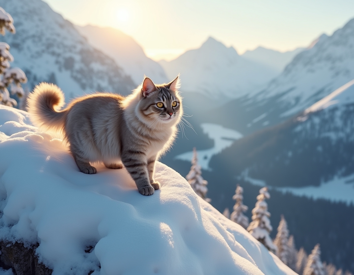 Cat climbs a snow-covered mountain, navigating the icy terrain with determination, surrounded by towering peaks and a breathtaking winter landscape.