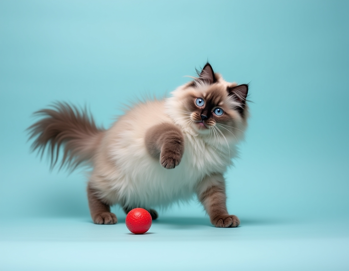 Playful studio photo of cat interacting with a bright red ball. The cat is mid-action with its paw raised, and the pastel blue background and balanced lighting create a cheerful, vibrant atmosphere that highlights the cat’s agility and energy.
