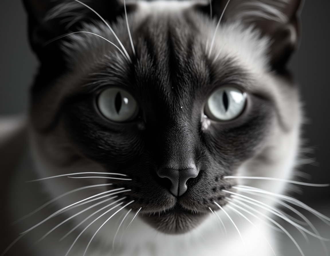 Close-up black and white studio portrait of a cat’s face, lit with soft diffused light. Every whisker, eyelash, and fur strand is rendered in hyper-detailed monochrome.