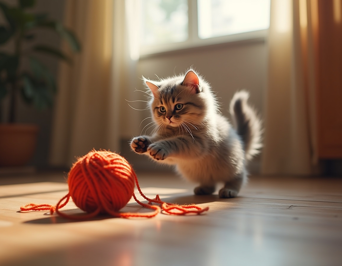 Cat pounces on a colorful ball of yarn on a wooden floor. The scene is bathed in soft sunlight streaming through a window, with a cozy room in the background.