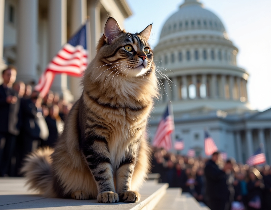 Cat on the Capitol steps during a historic inauguration, surrounded by flags and cheering crowds.