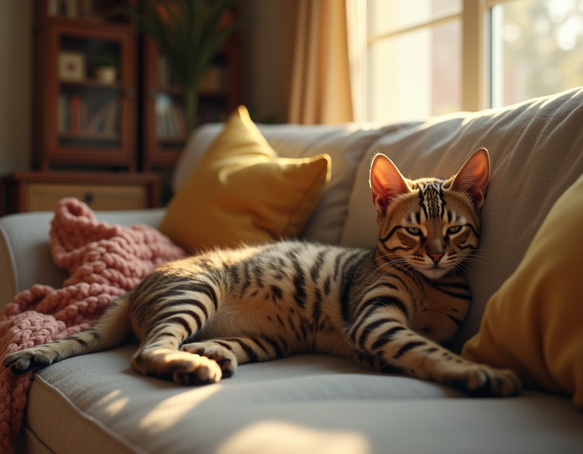 Cat sprawls lazily on a cozy couch, surrounded by decorative pillows and a draped blanket. Soft natural light from a window illuminates its fur, creating a calm, homely atmosphere.