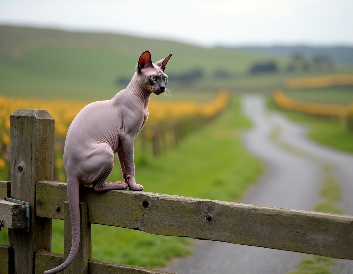 Cat gazes at the quiet beauty of a country road, framed by a weathered wooden gate.