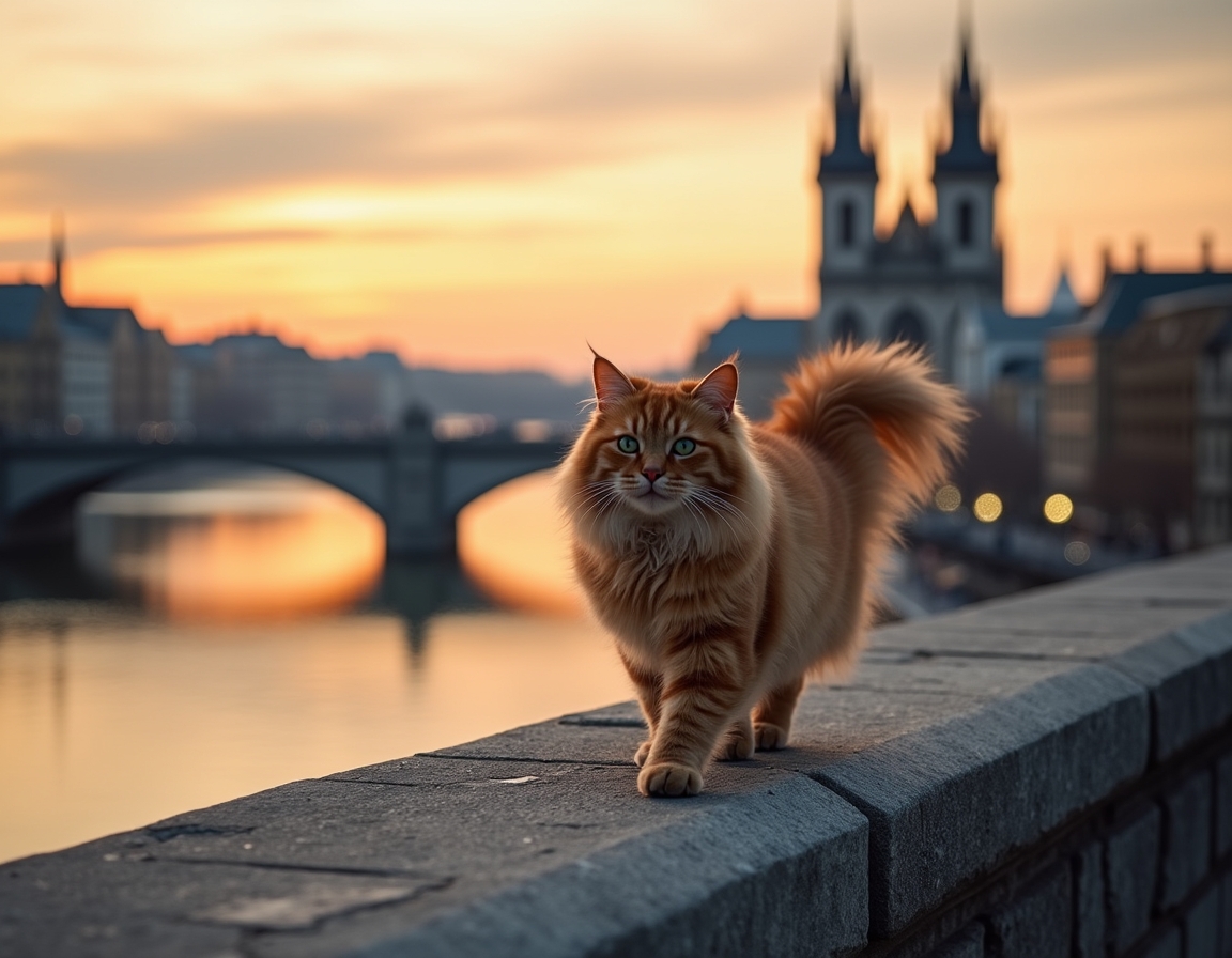 Cat explores a scenic urban bridge, taking in the breathtaking views of the skyline.