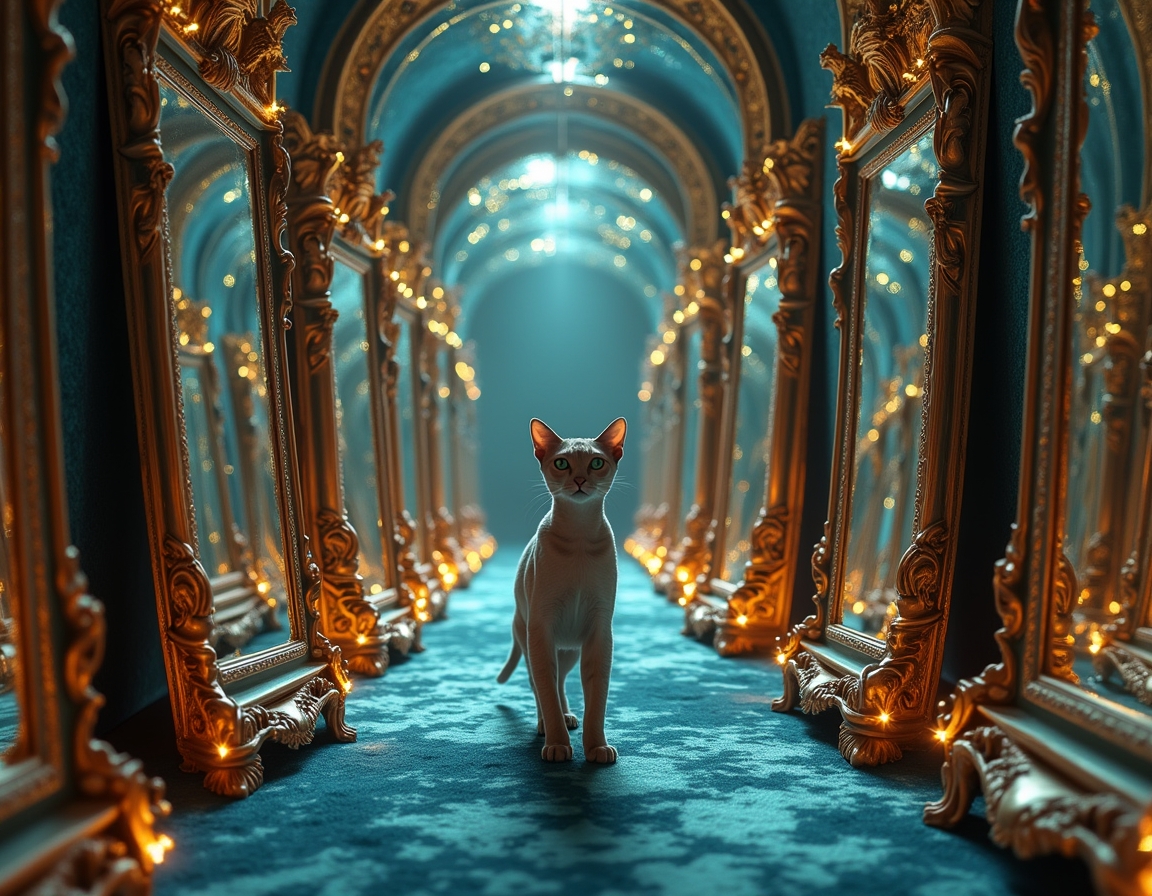 Cat navigates a maze where every surface is a magic-infused mirror, reflecting surreal visions and shifting illusions. Soft, colorful light accentuates each step, turning the labyrinth into a glittering puzzle filled with wonder and mystery.