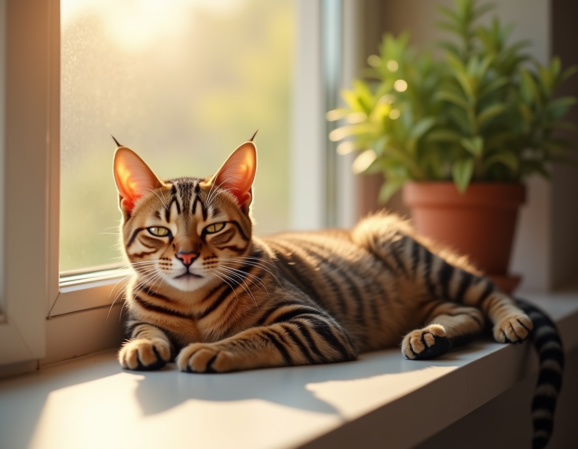 Relaxed cat lies on a sunlit windowsill, its fur glowing in the soft afternoon light. A small potted plant sits nearby, and the blurred background reveals trees outside.