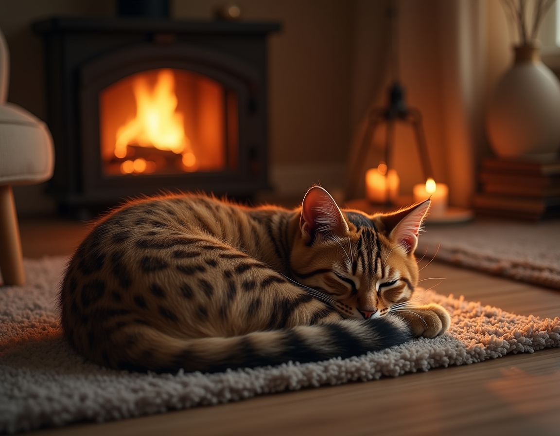 Cat is curled up on a plush rug in front of a glowing fireplace. Its fur glistens in the warm firelight, with cozy living room details like books and candles in the background.