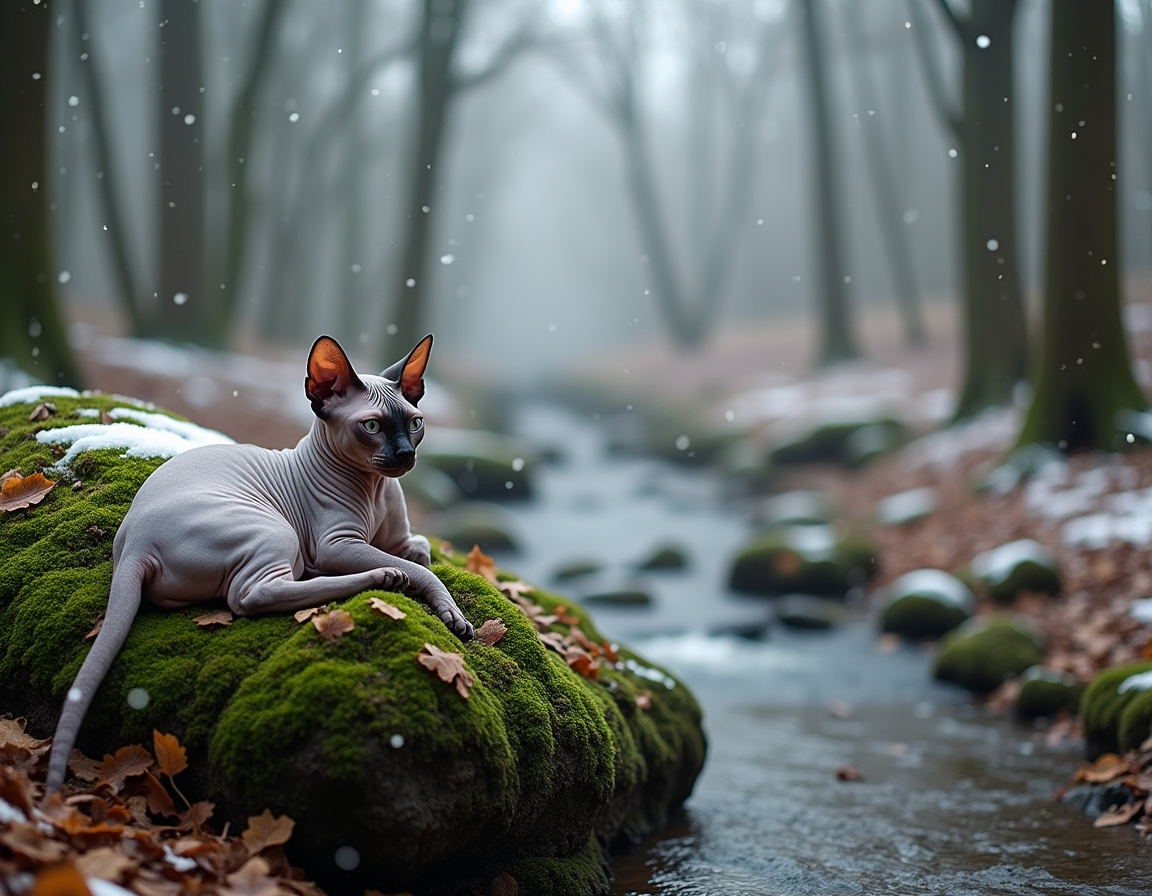 Cat relaxes on a mossy rock in a snowy woodland clearing, surrounded by snow-dusted trees and a peaceful stream, creating a tranquil moment in nature.