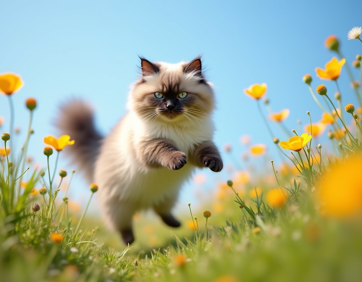 Cat enjoys the beauty of a flower-filled meadow, exploring the bright and colorful setting.