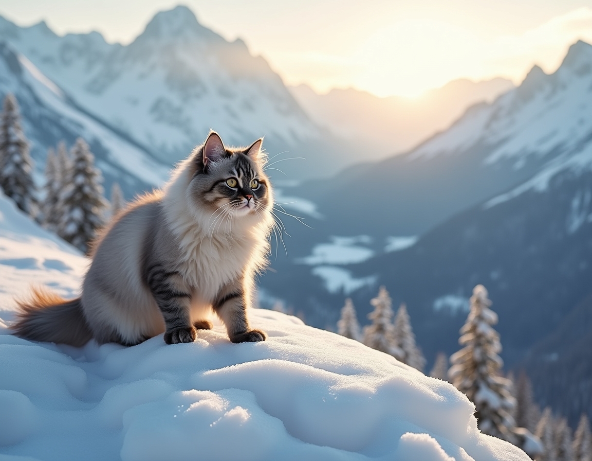 Cat climbs a snow-covered mountain, navigating the icy terrain with determination, surrounded by towering peaks and a breathtaking winter landscape.