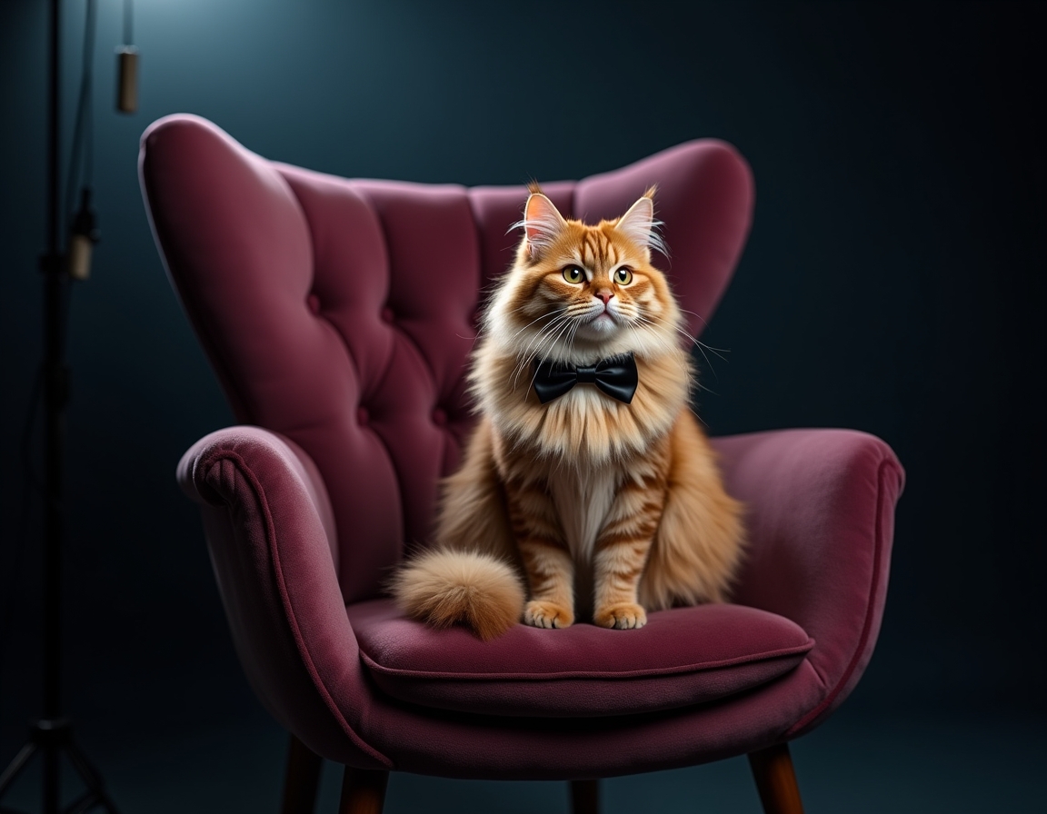 Photorealistic image of cat posed on a luxurious velvet chair in a studio. The backdrop is a deep navy blue with soft spotlighting that highlights the cat's fur and a sleek black bowtie, giving the scene a sophisticated, formal atmosphere.