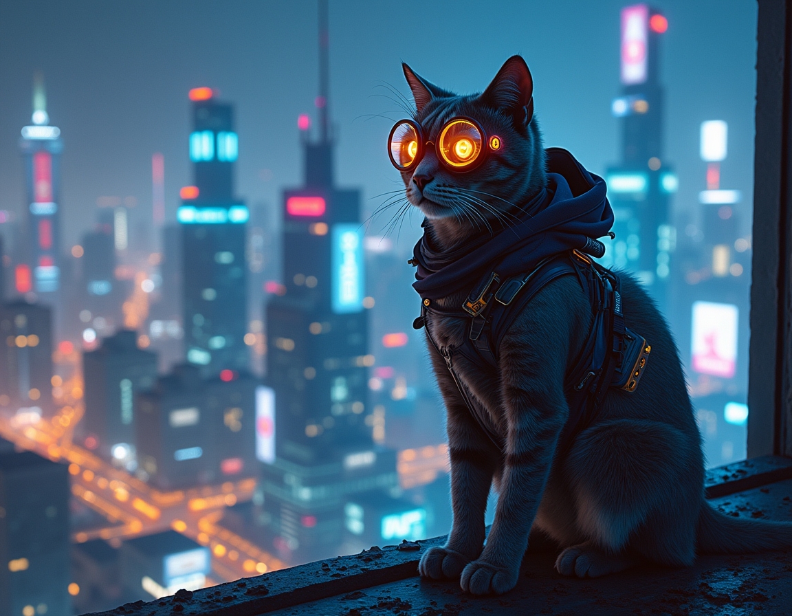 Cat stands on a futuristic skyscraper rooftop, wearing glowing cybernetic goggles. A neon-lit cityscape with flying cars and holograms stretches below.