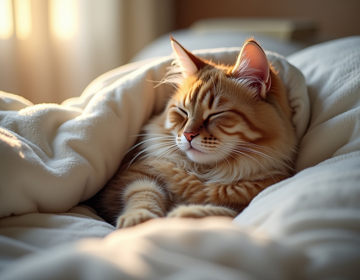 Cat is nestled under soft blankets on a bed, its eyes half-closed in peaceful relaxation. Morning sunlight streams through a nearby window, highlighting the soft textures of the bedding.