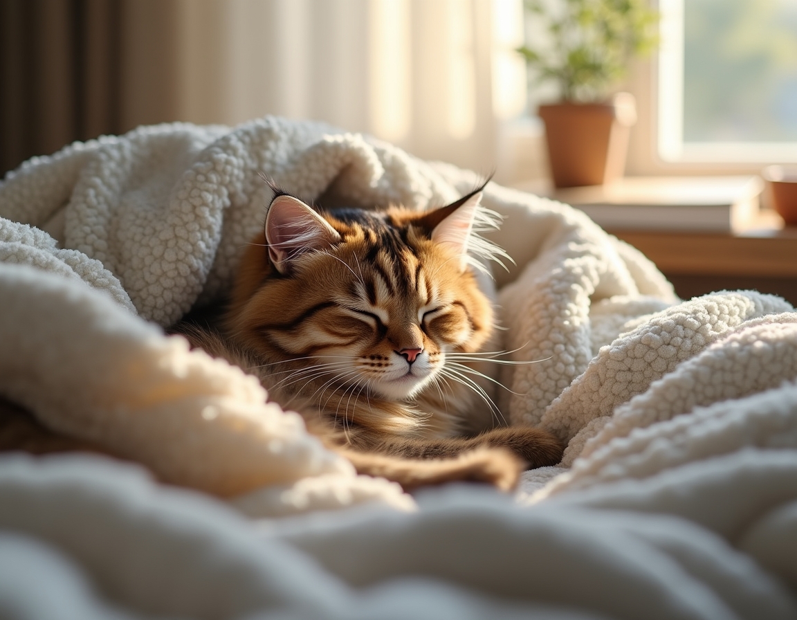 Cat is nestled under soft blankets on a bed, its eyes half-closed in peaceful relaxation. Morning sunlight streams through a nearby window, highlighting the soft textures of the bedding.