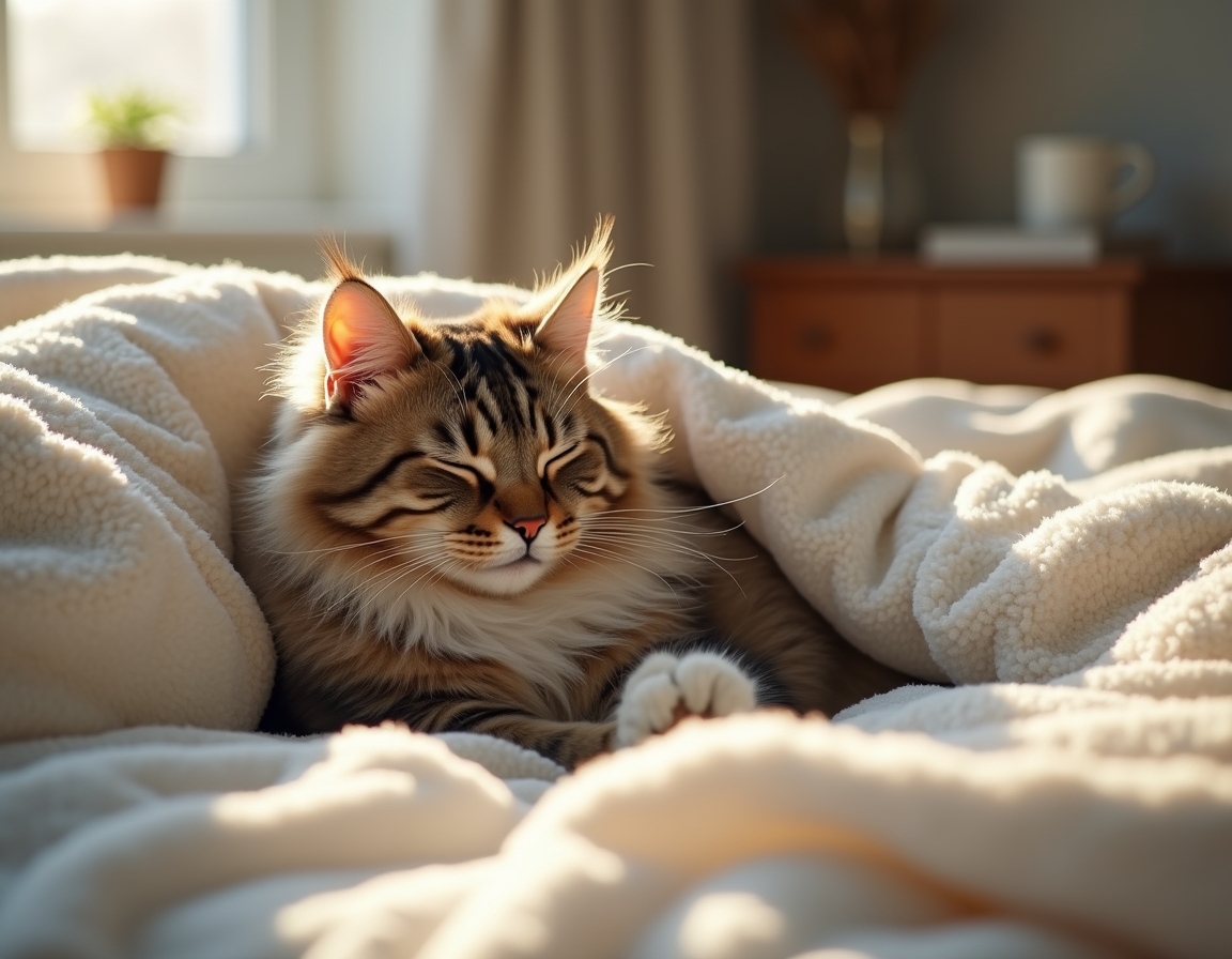 Cat is nestled under soft blankets on a bed, its eyes half-closed in peaceful relaxation. Morning sunlight streams through a nearby window, highlighting the soft textures of the bedding.