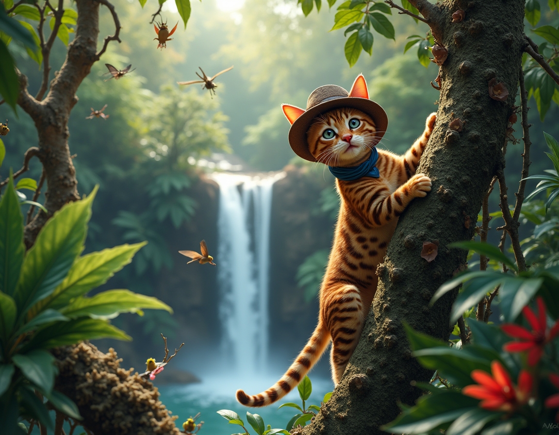 Cat wearing an explorer’s hat climbs a tree in a lush jungle. Waterfalls and dense greenery surround the scene, with sunlight filtering through the canopy.