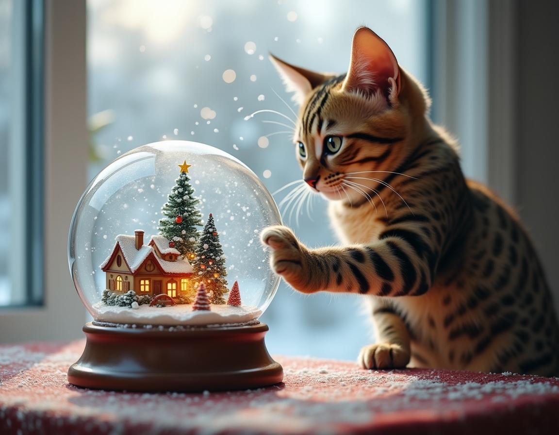 Playful cat bats at a snow globe on a table, mesmerized by the swirling snowflakes inside. The globe features a miniature Christmas village, while a snowy landscape is visible through the window in the background, enhancing the festive atmosphere.
