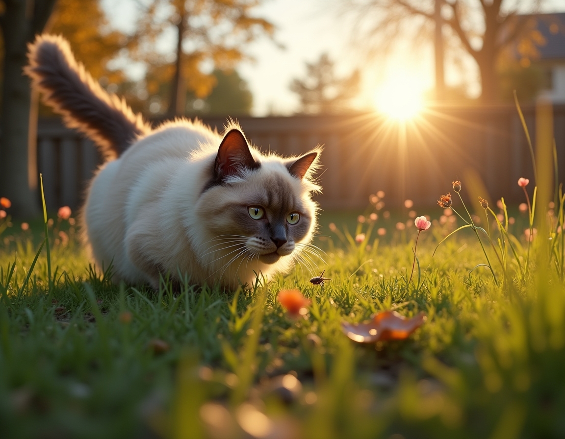 Cat crouches in tall grass, its sharp gaze fixed on a small insect nearby. The warm golden light of sunset and a wooden garden fence frame the scene.