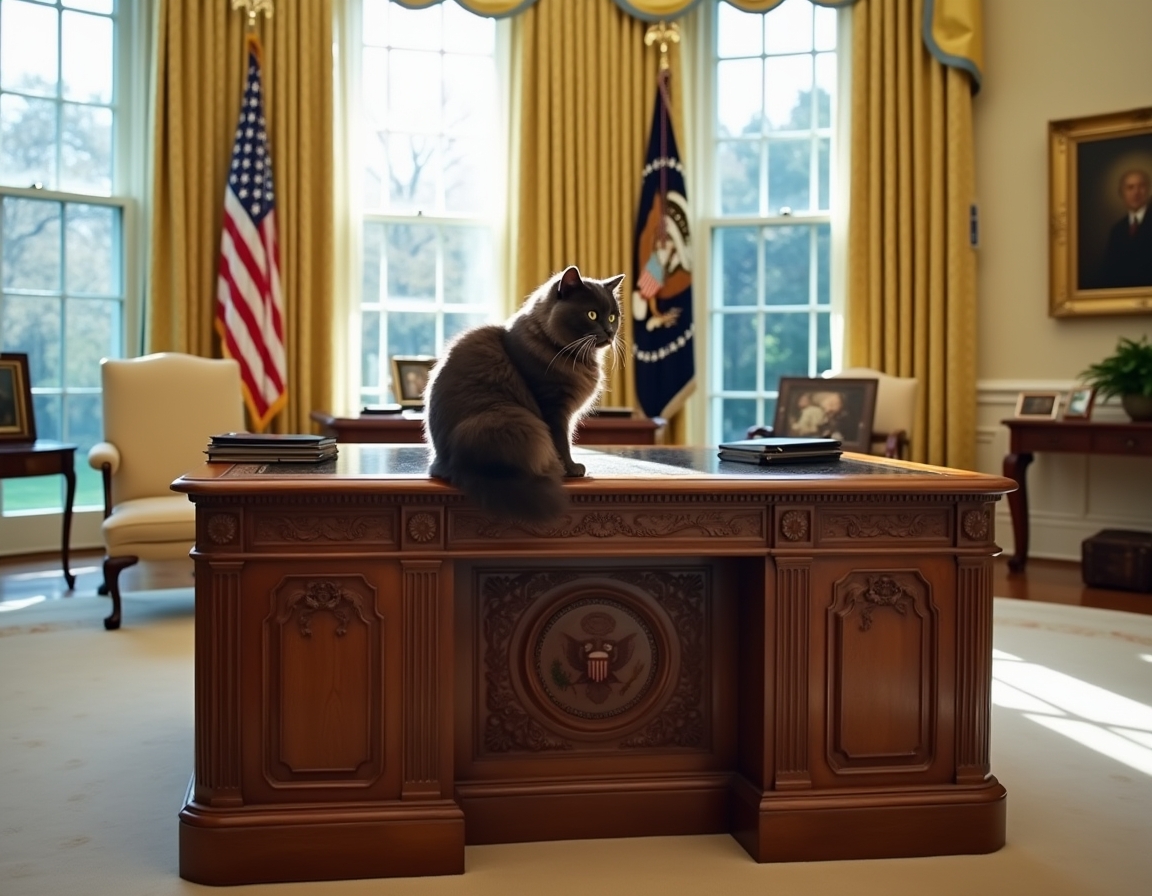 Cat perched on the Resolute Desk in the Oval Office, basking in the dignified atmosphere of the new administration.