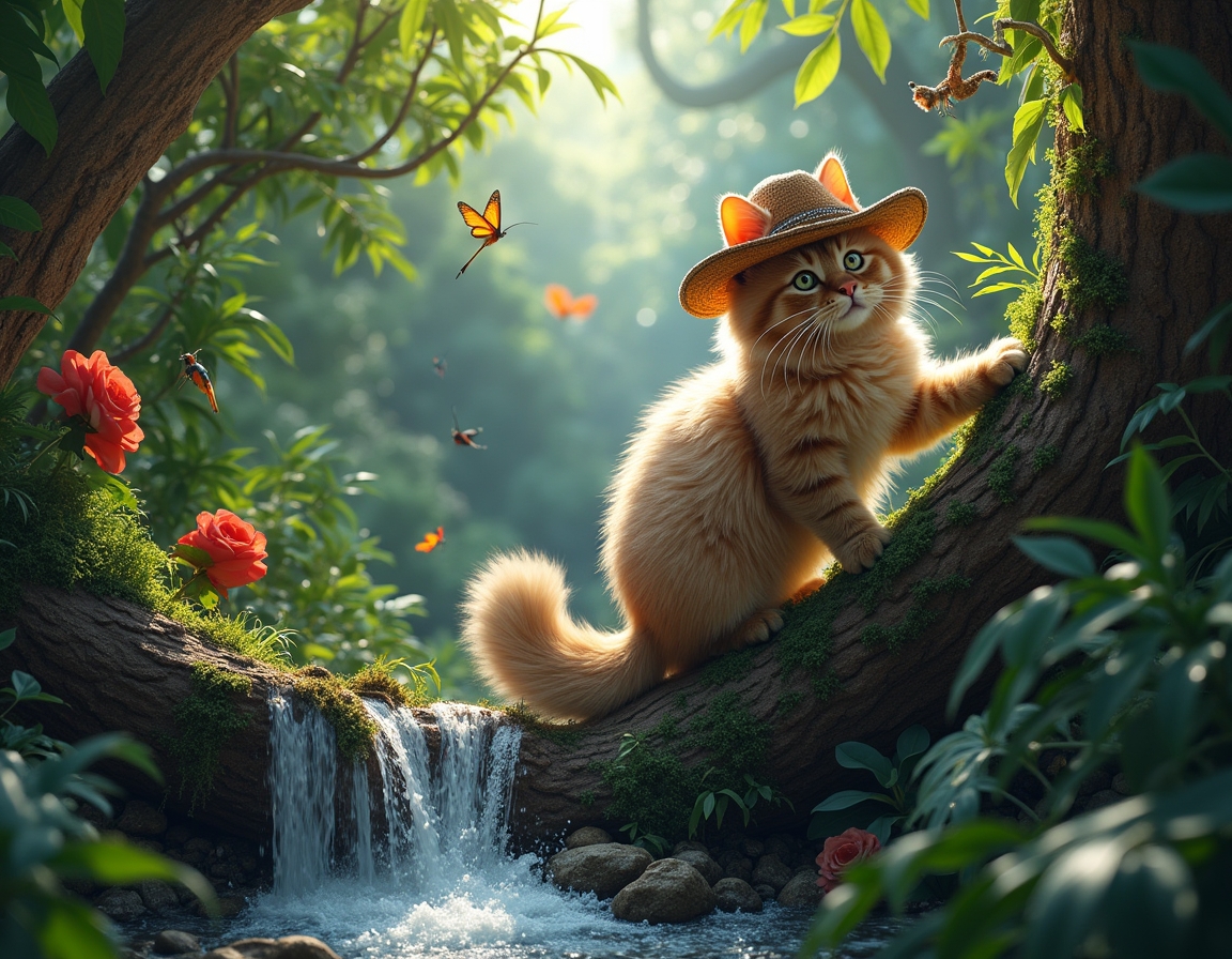 Cat wearing an explorer’s hat climbs a tree in a lush jungle. Waterfalls and dense greenery surround the scene, with sunlight filtering through the canopy.