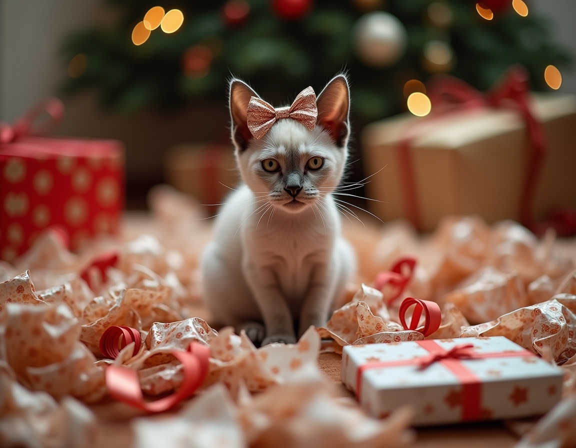 Playful cat surrounded by crumpled wrapping paper, ribbons, and empty boxes, with a shiny bow on its head. Christmas decorations and half-wrapped presents complete the festive scene.