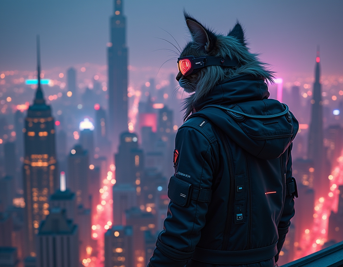 Cat stands on a futuristic skyscraper rooftop, wearing glowing cybernetic goggles. A neon-lit cityscape with flying cars and holograms stretches below.