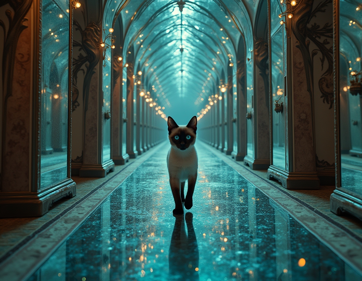 Cat navigates a maze where every surface is a magic-infused mirror, reflecting surreal visions and shifting illusions. Soft, colorful light accentuates each step, turning the labyrinth into a glittering puzzle filled with wonder and mystery.