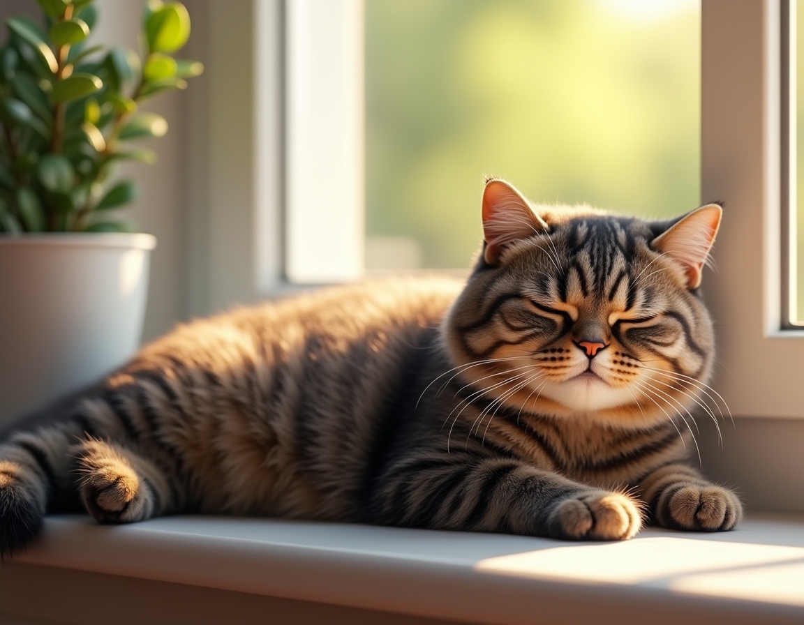 Relaxed cat lies on a sunlit windowsill, its fur glowing in the soft afternoon light. A small potted plant sits nearby, and the blurred background reveals trees outside.