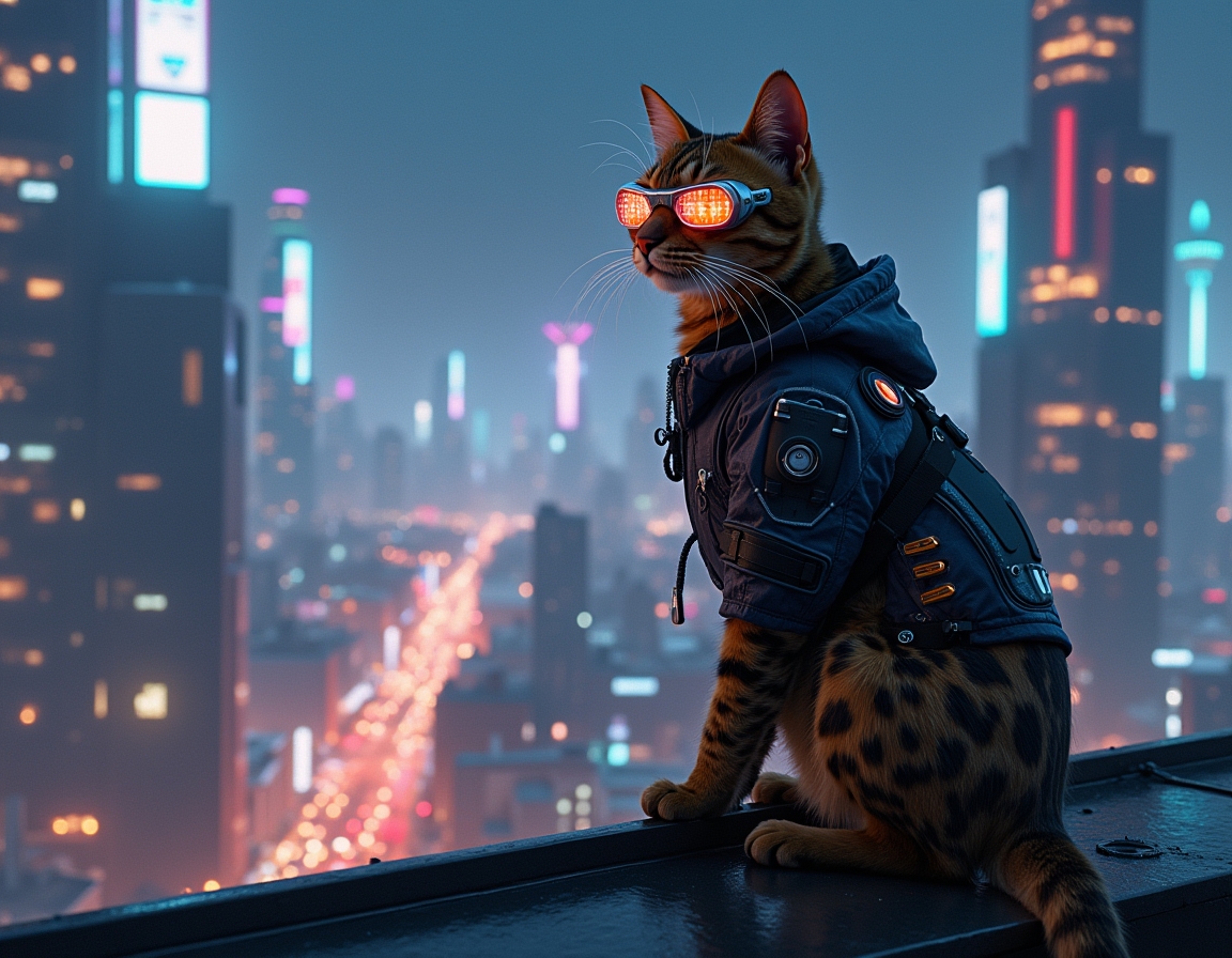 Cat stands on a futuristic skyscraper rooftop, wearing glowing cybernetic goggles. A neon-lit cityscape with flying cars and holograms stretches below.
