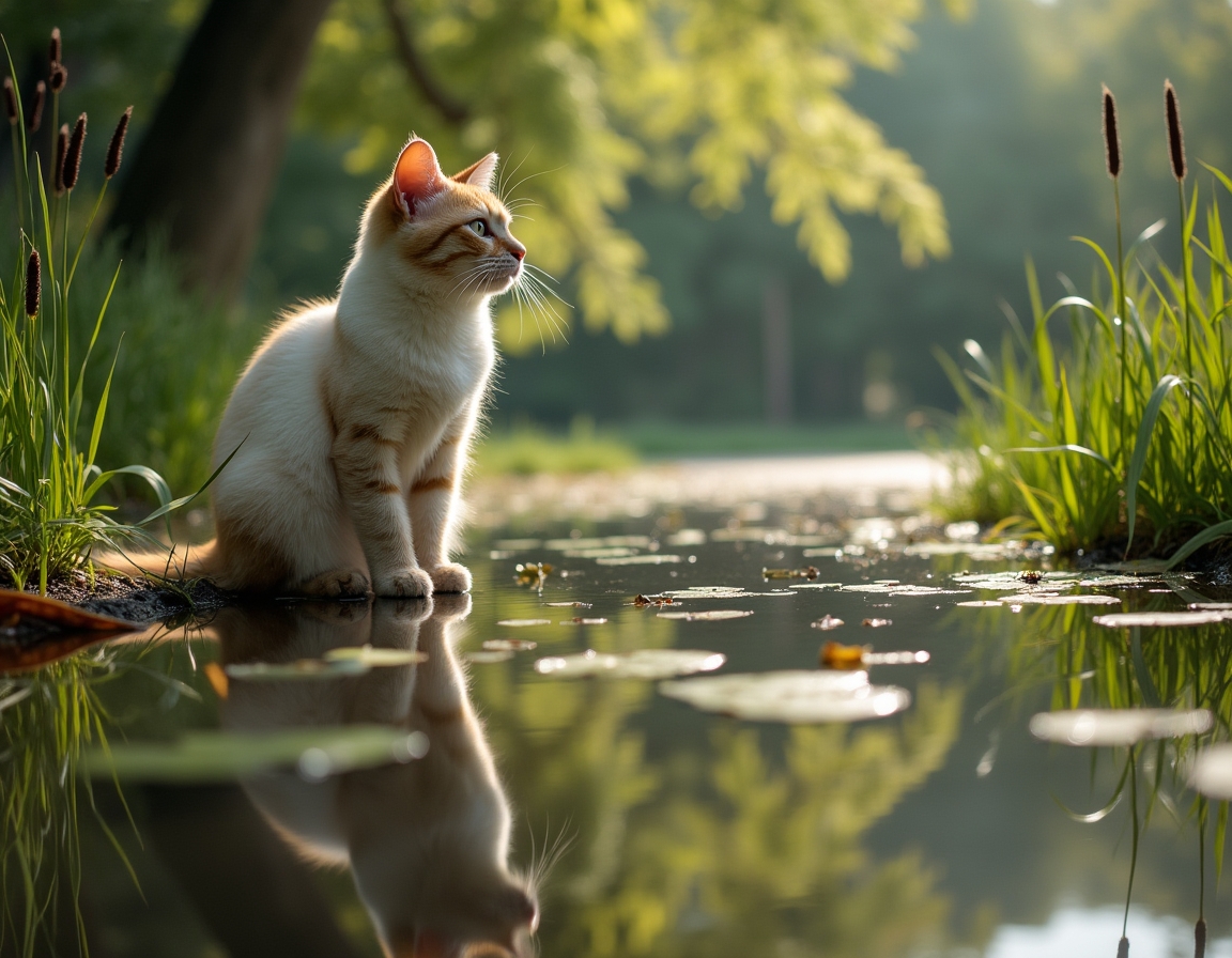 Cat observes a serene countryside pond, reflected in its still waters.
