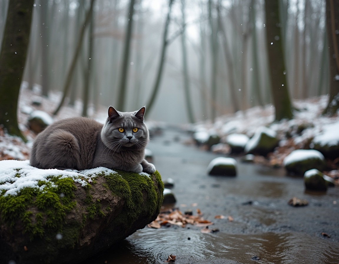 Cat relaxes on a mossy rock in a snowy woodland clearing, surrounded by snow-dusted trees and a peaceful stream, creating a tranquil moment in nature.