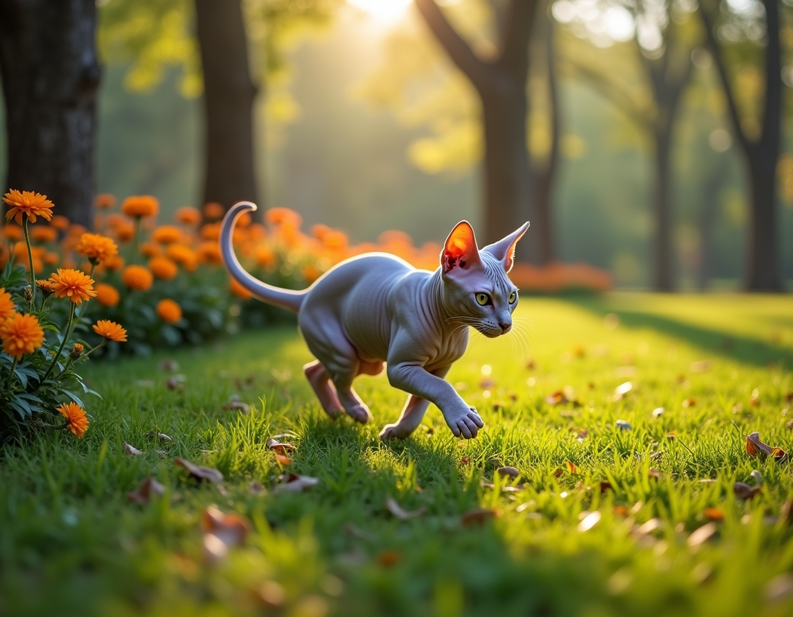 Cat enjoys a lively city park, playing and exploring the greenery amidst the urban backdrop.
