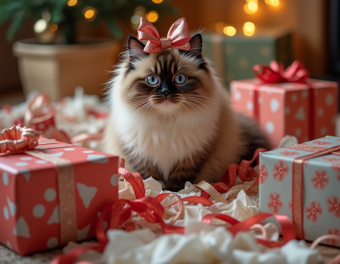 Playful cat surrounded by crumpled wrapping paper, ribbons, and empty boxes, with a shiny bow on its head. Christmas decorations and half-wrapped presents complete the festive scene.