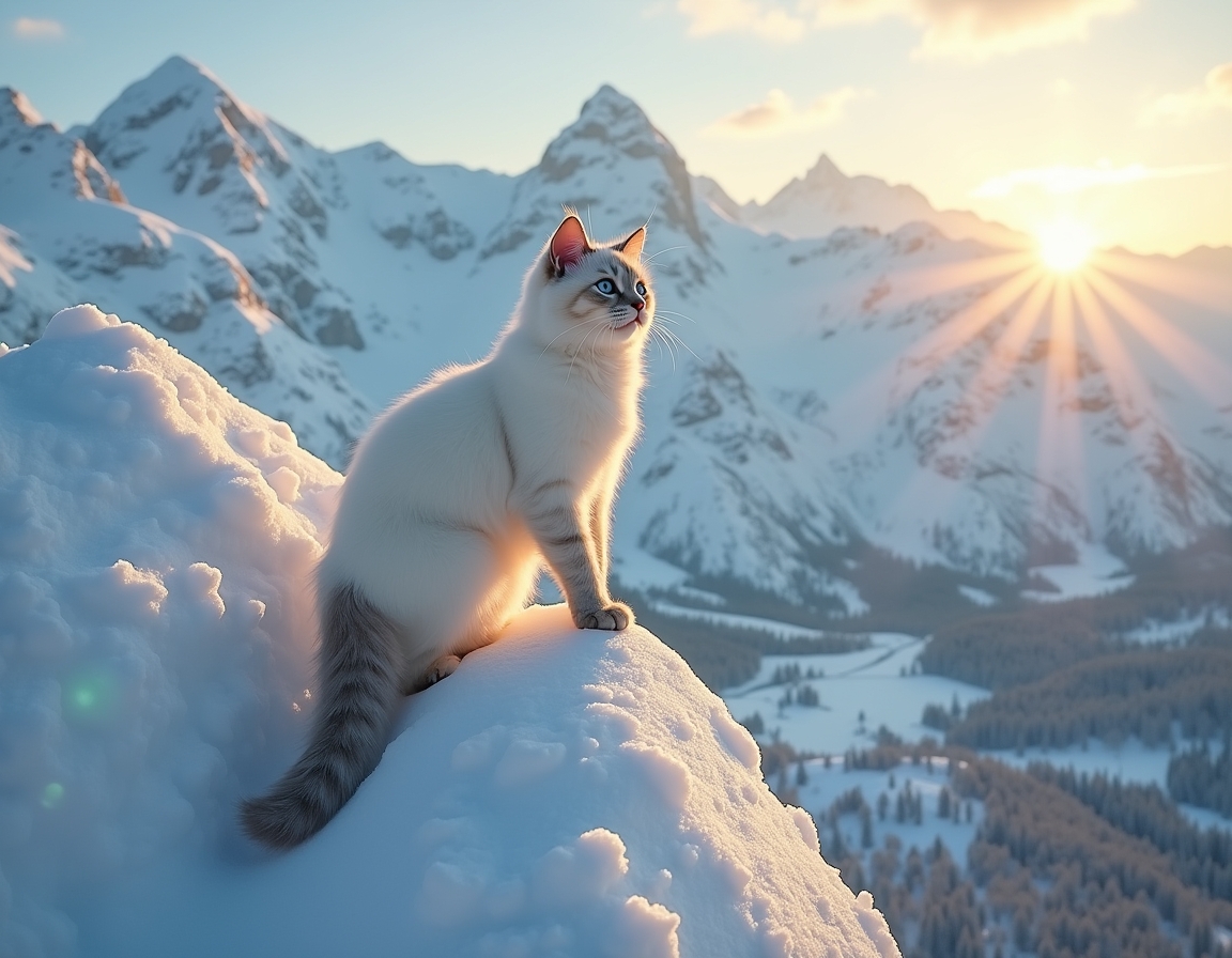 Cat climbs a snow-covered mountain, navigating the icy terrain with determination, surrounded by towering peaks and a breathtaking winter landscape.